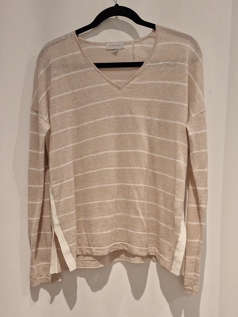 Kinross Beige and White Striped 100% Linen V-Neck Long Sleeve Popover Top